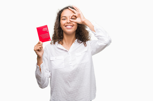 Young hispanic woman holding passport of Switzerland with happy face smiling doing ok sign with hand on eye looking through fingers