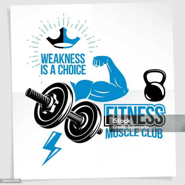 Weightlifting Club Promotion Flyer Vector Composition Created Using Athletic Sportsman Biceps Arm With Disc Weight Dumbbell And Kettle Bell Sport Equipment Weakness Is A Choice Lettering Stock Illustration - Download Image Now