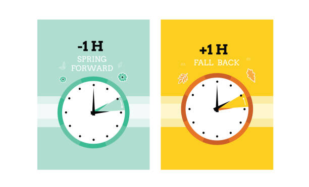 Daylight saving time Daylight saving time. Clock. time. Fall back and spring forward. Cute vector cards. daylight saving time stock illustrations