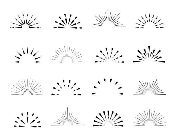 Set of sunburst frames, vintage style, halves, isolated on a white background. Vintage illustration.