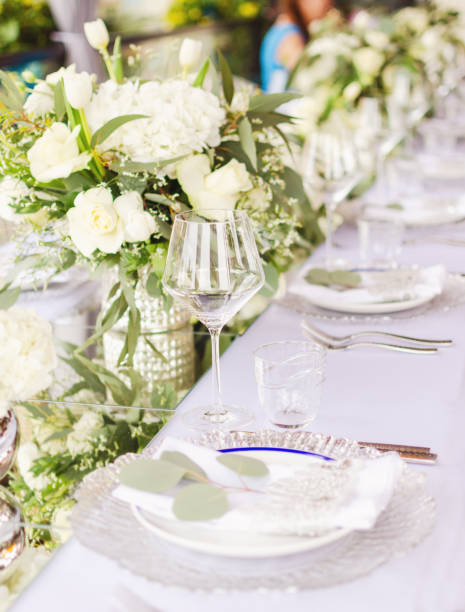 istock Set table for a white and aqua blue wedding dinner decorated 1044316158