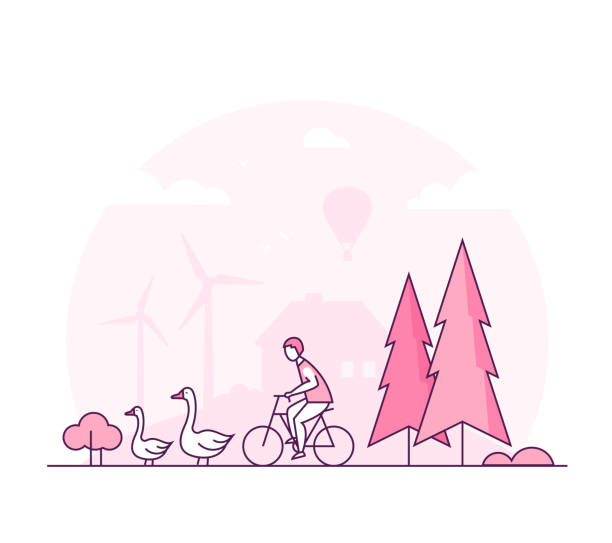 Eco lifestyle - thin line design style vector illustration Eco lifestyle - thin line design style vector illustration. Pink colored high quality composition with geese, tree, wind power generator, silhouette of house on the background. Country, farm landscape landscape nature plant animal stock illustrations