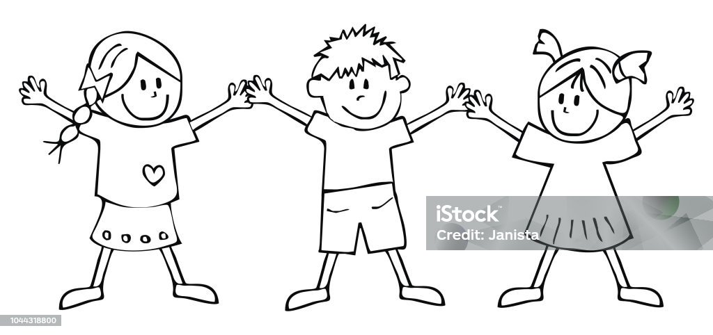 two girls and boy, coloring book Two girls and boy, coloring book for children, vector icon. Clothes and hairstyle on three kids. Creative illustration. Coloring stock vector