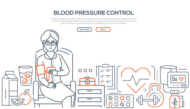 Blood pressure control - modern line design style banner Blood pressure control - modern line design style banner on white background. A senior woman, patient sitting on the chair making test. Images of healthy food, pills, first aid kit. Healthcare concept Barbell stock illustrations