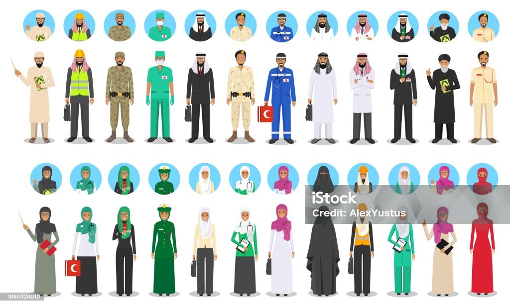 Different muslim Middle Eastern people occupation characters set in flat style. Professions of men and women. Set of avatars icons. Templates for infographic, sites, banners, social networks. Vector. People occupation characters set in flat style isolated on white background. Flat vector icons on white background. Icon Set stock vector