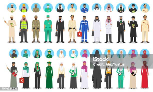 Different Muslim Middle Eastern People Occupation Characters Set In Flat Style Professions Of Men And Women Set Of Avatars Icons Templates For Infographic Sites Banners Social Networks Vector Stock Illustration - Download Image Now