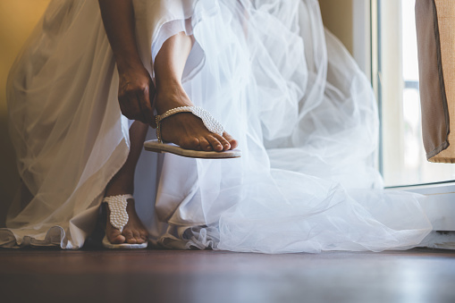 Dress, Wedding Dress, Foot, Shoe, Bride