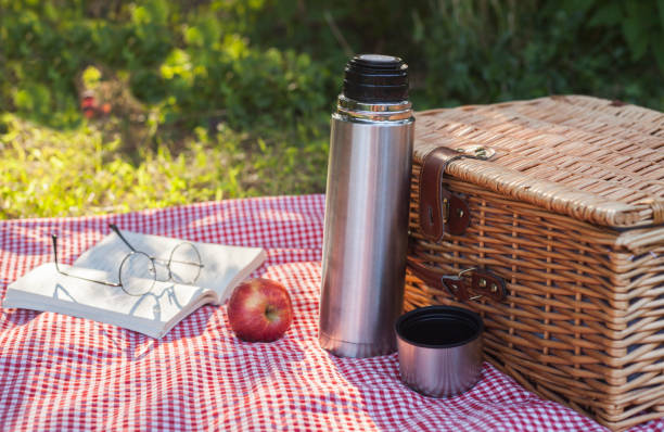 Blanket,Book ,Fruit, Lunch, Picnic, Basket, Thermos,spring, Summer,Eyeglasses,Checked pattern,Grass,Wicker