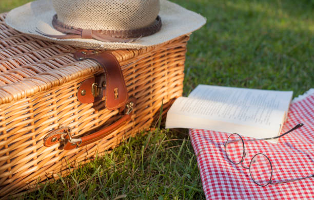 istock Picnic Basket With Red White Table Cloth On Grass 1044331504