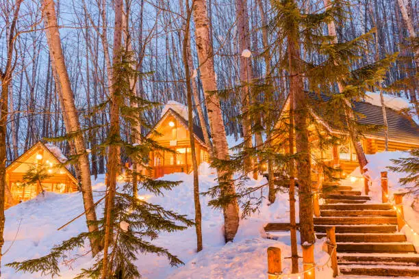 Furano, Hokkaido, Japan winter cabins at twilight.