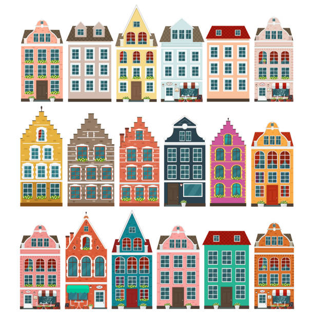 avrupa renkli eski evlerin kümesi - amsterdam stock illustrations