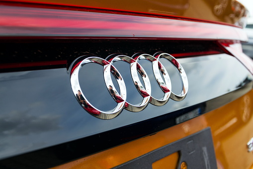 Prague, Czech Republic - September 22, 2018: Audi company logo on car on September 22, 2018 in Prague, Czech Republic.