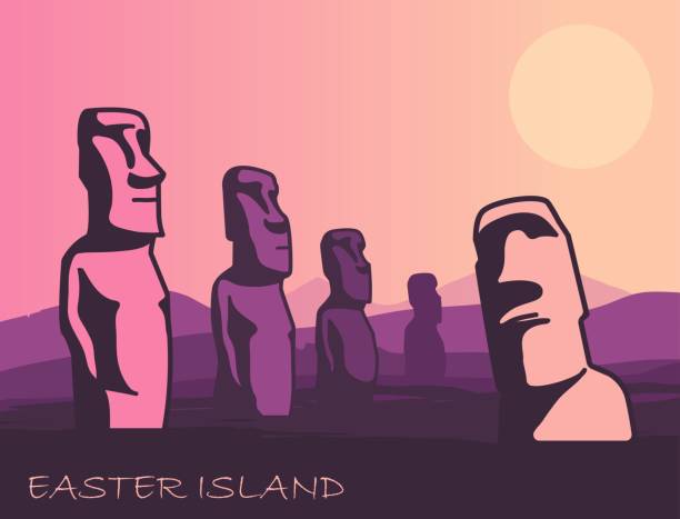 krajobraz wyspy wielkanocnej ze słynnymi rzeźbami o zachodzie słońca - easter island moai statue chile sculpture stock illustrations