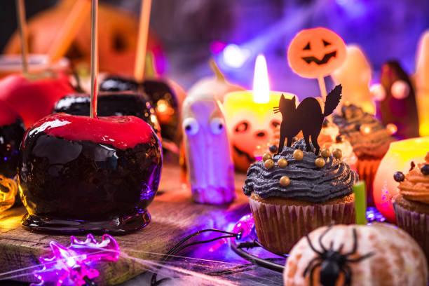 istock Candy apples and sweet food for Halloween 1044358022
