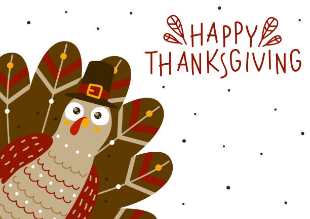 ilustrações, clipart, desenhos animados e ícones de cartão de ação de graças com a turquia bonita - thanksgiving turkey animal pilgrim