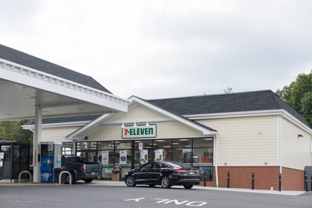 7-Eleven store and Esso gas station in New Jersey. stock photo