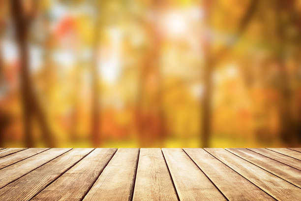 istock Wooden table top on blur autumn background 1044366572