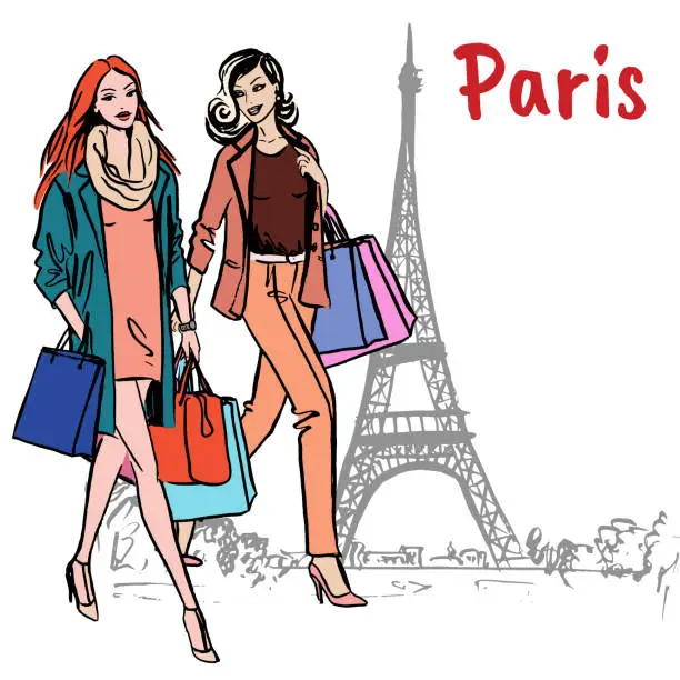 Vector illustration of woman with shopping bags in Paris