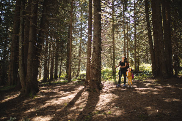 istock Mother and daughter looking at a tall pine trees 1044373618