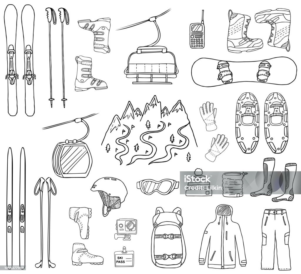Ski and snowboard hand drawn icons Set of ski and snowboard hand-drawn icons isolated on white background. Doodle sport clothes, accessories and equipment. Black and white sketched vector illustration Ski stock vector