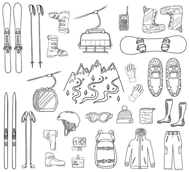 Ski and snowboard hand drawn icons Set of ski and snowboard hand-drawn icons isolated on white background. Doodle sport clothes, accessories and equipment. Black and white sketched vector illustration snow skiing stock illustrations