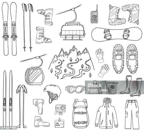 Ski And Snowboard Hand Drawn Icons Stock Illustration - Download Image Now - Ski, Skiing, Drawing - Art Product