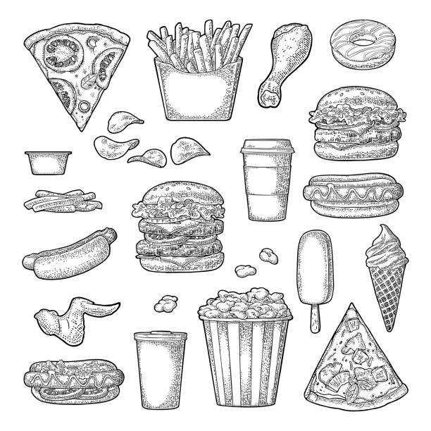 Set fast food. Coffee, hamburger, pizza, hotdog, fry potato, popcorn Set fast food. Cup cola, coffee, hamburger, pizza, hotdog, fry potato, carton bucket popcorn, ketchup, donut, ice cream, popsicle, chips. Vector vintage black engraving illustration isolated on white chicken meat illustrations stock illustrations