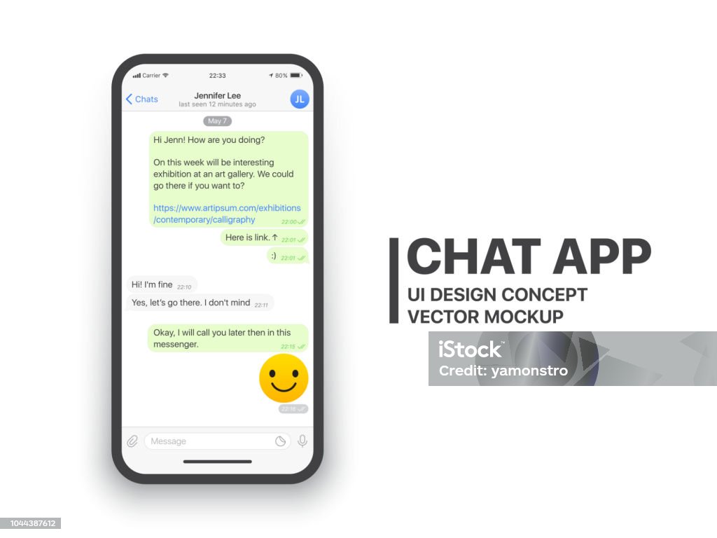 Mobile Chat App Vector Mockup Mobile Chat App UI and UX Concept Vector Mockup in Minimalist Classic Light Theme on Smart Phone Screen Isolated on White Background. Social Network Design Template Online Messaging stock vector