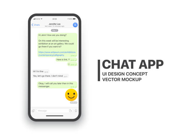 Mobile Chat App Vector Mockup Mobile Chat App UI and UX Concept Vector Mockup in Minimalist Classic Light Theme on Smart Phone Screen Isolated on White Background. Social Network Design Template online messaging stock illustrations