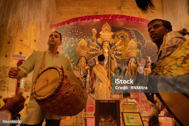 Priest Worshipping Goddess Durga Durga Puja Festival Celebration Stock Photo - Download Image Now