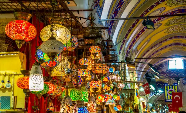 ISTANBUL, TURKEY - August 29, 2018:  among countless shops in Grand Bazaar market in Istanbul. Shopping and travel in Turkey concept