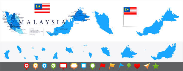 karte von malaysia - infografik vektor - kota kinabalu illustrations stock-grafiken, -clipart, -cartoons und -symbole