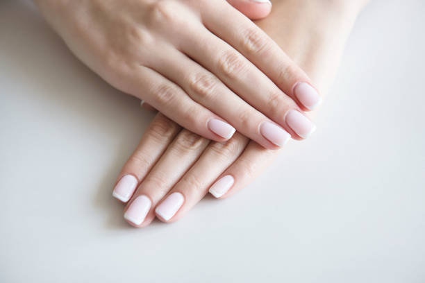 istock Manicured hands on towel. French manicure. 1044396546