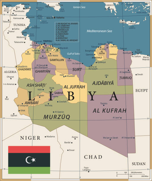 20 - Libya - Vintage Color Dark Map of Libya - Vintage Vector illustration libya map stock illustrations