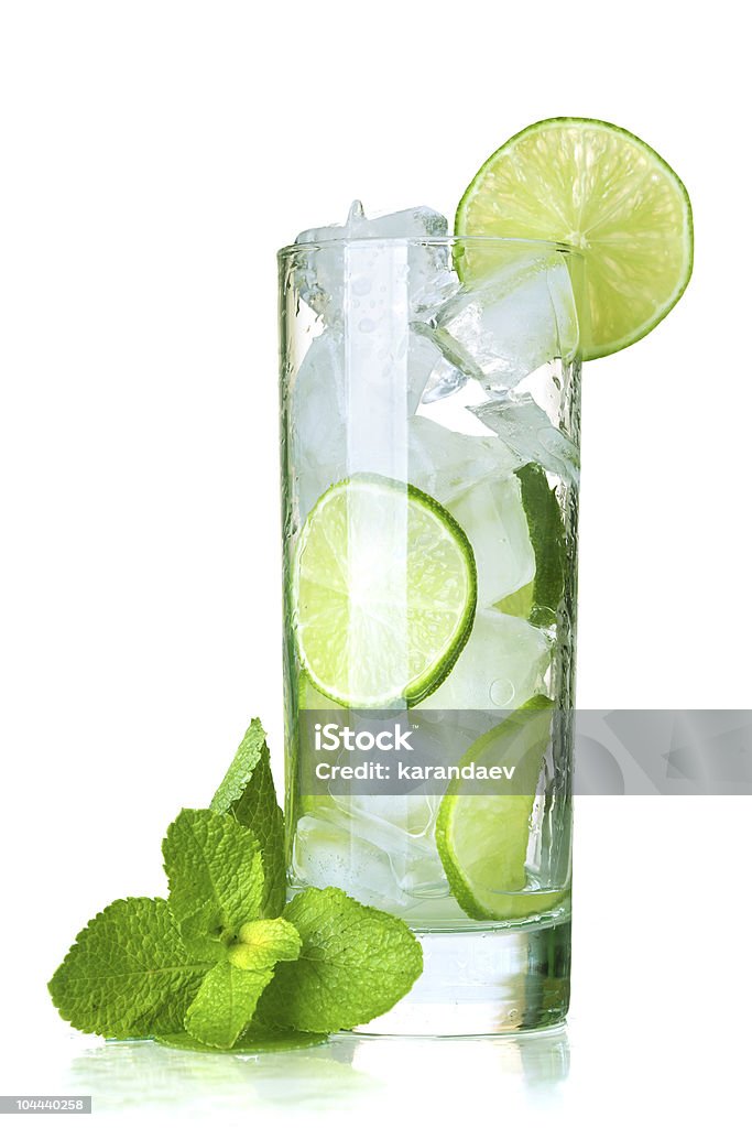 Tall water glass with icy limeade and mint leaves Glass of water with lime, ice and mint. Isolated on white background Clean Stock Photo