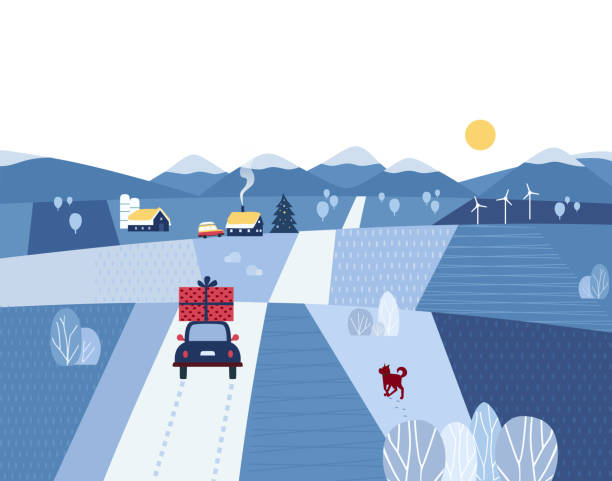 Rural landscape in winter Winter valley landscape. Comic outdoor cartoon. Minimal simple style. Winter Christmas holiday celebration in rural community countryside. Country road, snowy fields. Vector season scene illustration snow road stock illustrations