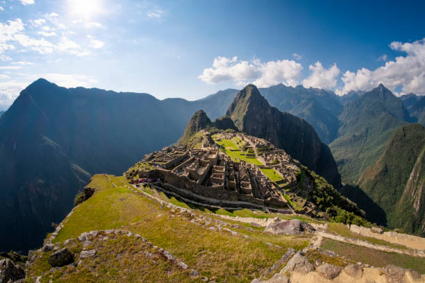 Classic Wide Angle View Of Machu Picchu And Huayna Picchu In Peru stock photo