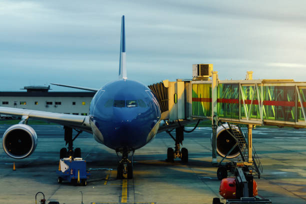 istock Airplane parked with jet bridge during sunrise Airport 1044413758