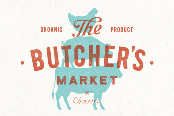 푸 줏 간 주인 시장에 대 한 포스터입니다. 암소, 돼지, 다른 암 탉 스탠드 - pig silhouette animal livestock stock illustrations