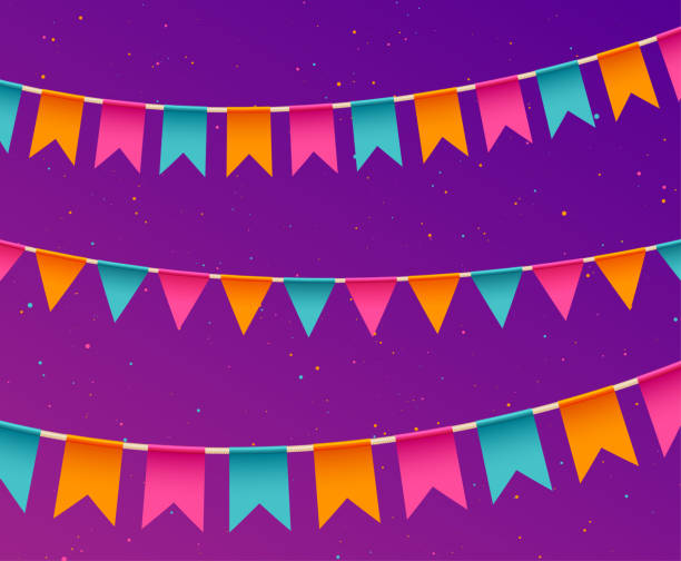 Banner with garland. Festive background with flags. Vector Banner with garland. Festive background with flags. Party invitation template. Traditional festive celebration. Festa Junina holidays banner. Festival colorful decoration. Vector festa junina stock illustrations