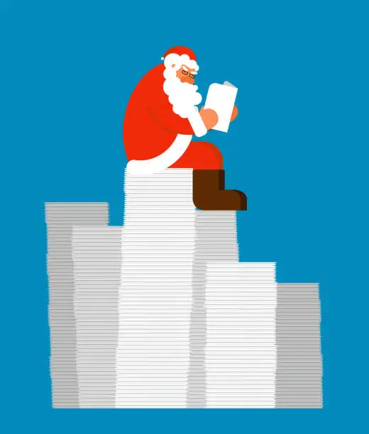 Vector illustration of Santa reading mail on Pile of letters. Claus and message. Xmas letter from children. New Year and Christmas Vector illustration