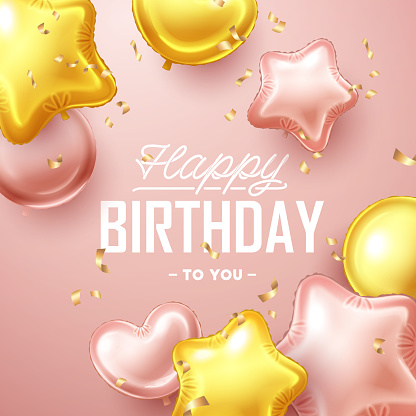 Happy Birthday background with pink and gold floating balloons