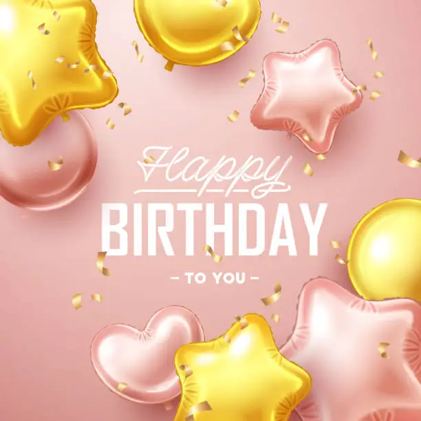 Vector illustration of Happy Birthday background with pink and gold floating balloons