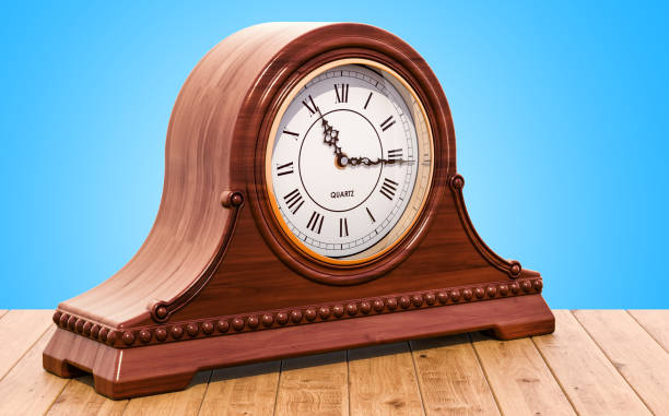 istock Retro chimes mantle clock, shelf clock on the wooden table. 3D rendering 1044422896
