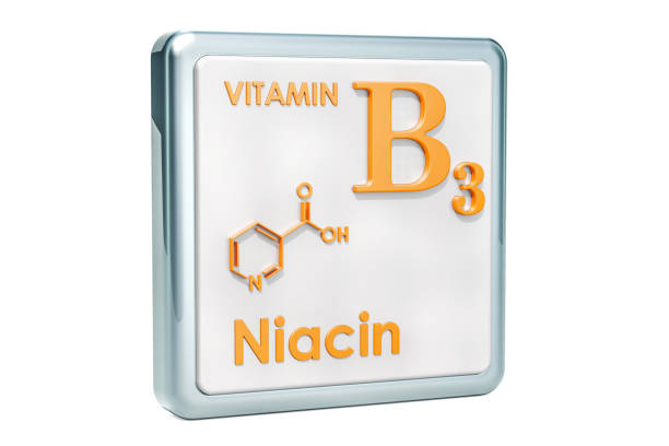 istock Vitamin B3, niacin. Icon, chemical formula, molecular structure on white background. 3D rendering 1044425896