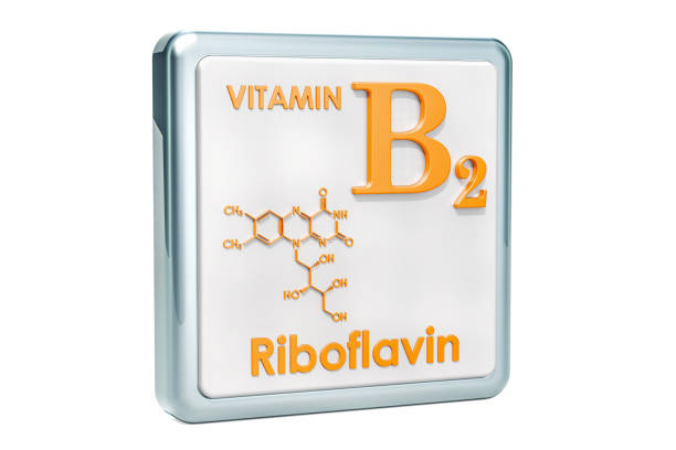 istock Vitamin B2, riboflavin. Icon, chemical formula, molecular structure on white background. 3D rendering 1044425898