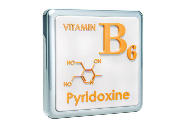 istock Vitamin B6, pyridoxine. Icon, chemical formula, molecular structure on white background. 3D rendering 1044425908
