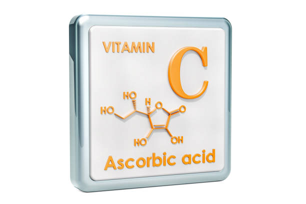istock Vitamin C, ascorbic acid. Icon, chemical formula, molecular structure on white background. 3D rendering 1044425920