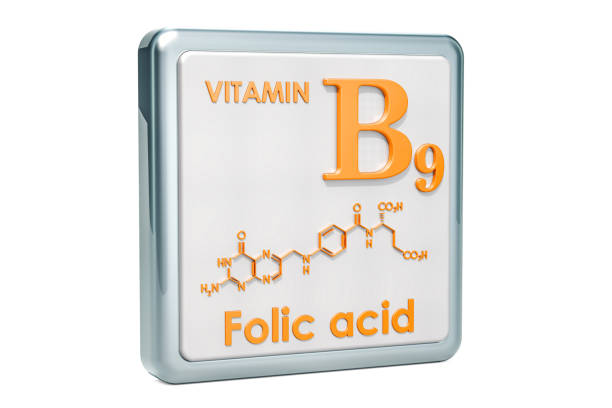 istock Vitamin B9, folic acid. Icon, chemical formula, molecular structure on white background. 3D rendering 1044425922