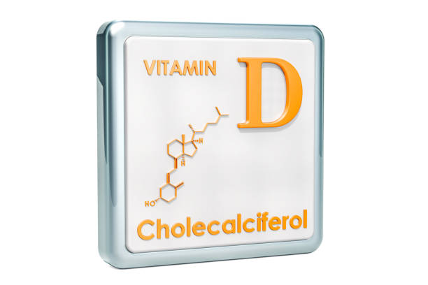 istock Vitamin D, cholecalciferol. Icon, chemical formula, molecular structure on white background. 3D rendering 1044425930